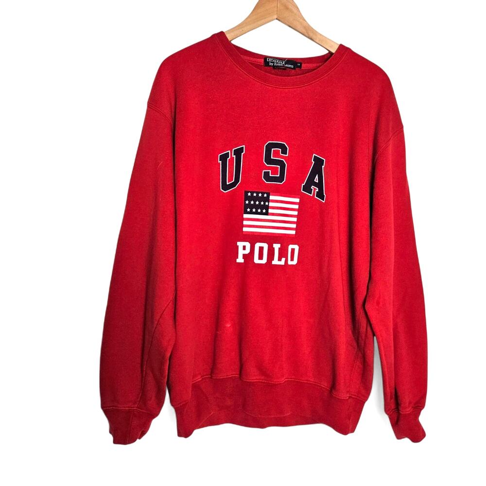 Polo Ralph Lauren Mens Vintage Red USA Flag Spellout Crewneck Sweatshirt Size M